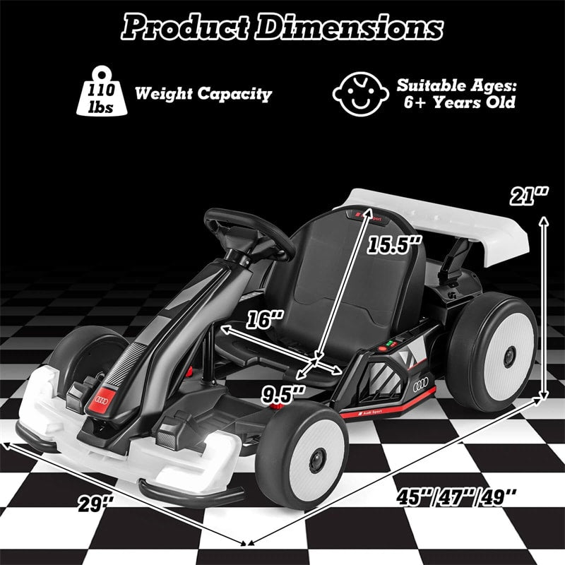 Eletriclife AU 24V Kids Go Kart, Licensed Audi Adjustable Ride on Racing Toy with Drift & Sport Modes, 2x150W Motors Speed for Children Ages 6+