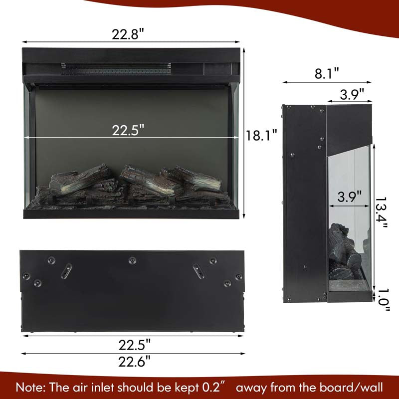 Eletriclife AU 23 Inch Electric Fireplace Insert 1500W 3-Sided Glass Fireplace Heater