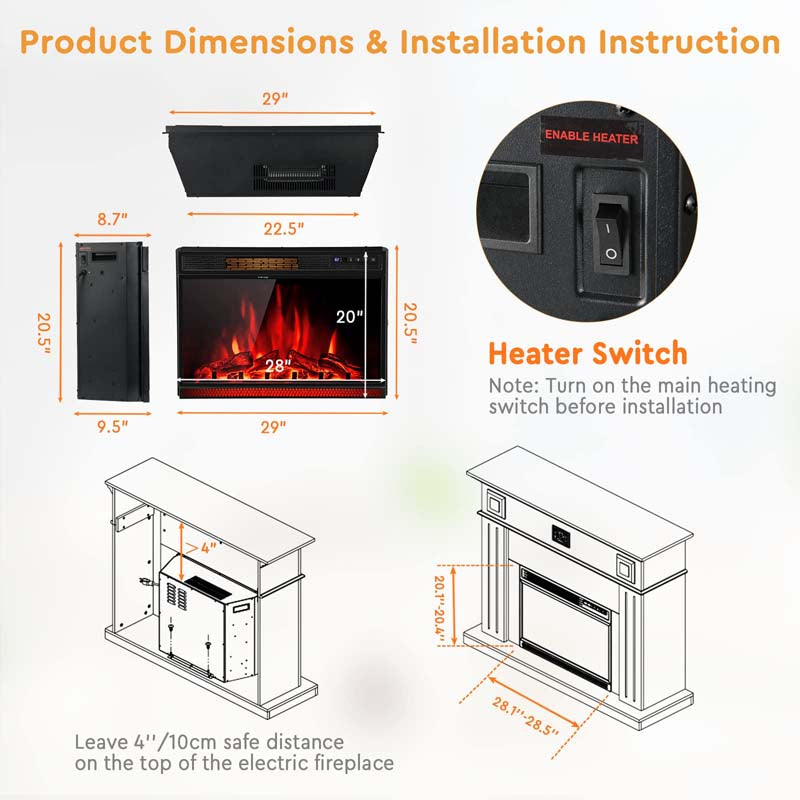Eletriclife AU 28 Inch Electric Fireplace Insert 1350W Fireplace Stove Heater