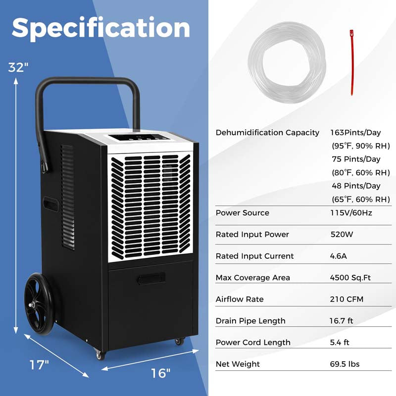 Eletriclife AU 4500 Sq.Ft 163 Pint/Day Commercial Dehumidifier with Pump & Drain Hose