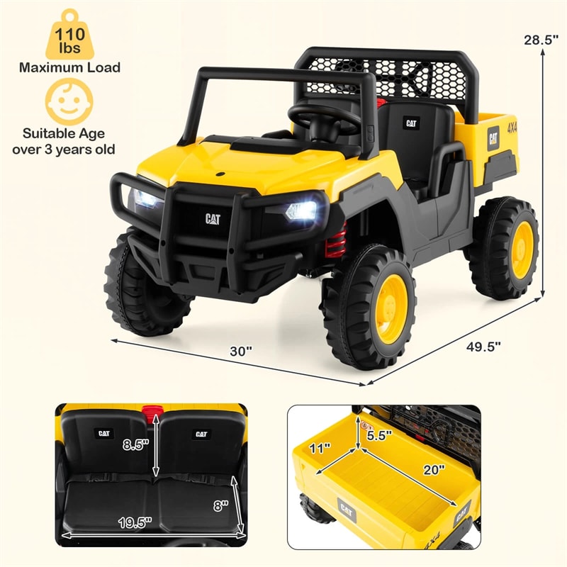 Eletriclife AU 24V Licensed Caterpillar Ride on Dump Truck, 2-Seater Kids UTV Car Electric Vehicle with Remote Control, Dump Bed, 4x100W Motors & Soft Start